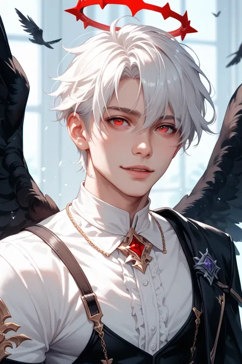 angel , coolest , deep red eyes , white hair and black hilight , He has halo and black wings , yandere , dark fantasy