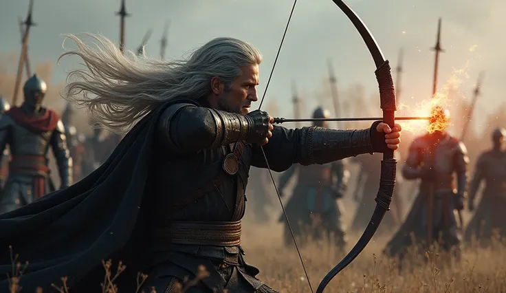 1 man, Gray hair,  long hair,  red eyes , ( archer in action at war hitting a warrior among several warriors, mercenaries, espadachins, wizards, sorceresses and priests ), long black cape, Elvish ,  big breath,  wallpaper,  field image with war action ,  l...