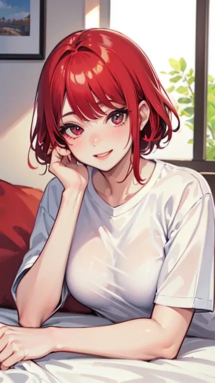 ( Highest quality ,  masterpiece :1.2),  super detailed , pisipuf , 1 woman,  Explore the viewer , shirt,  charming smile ,  Cheeks turn red, White canvas, White short-sleeved shirt,  short hair,  bedroom , redhead, lying in bed