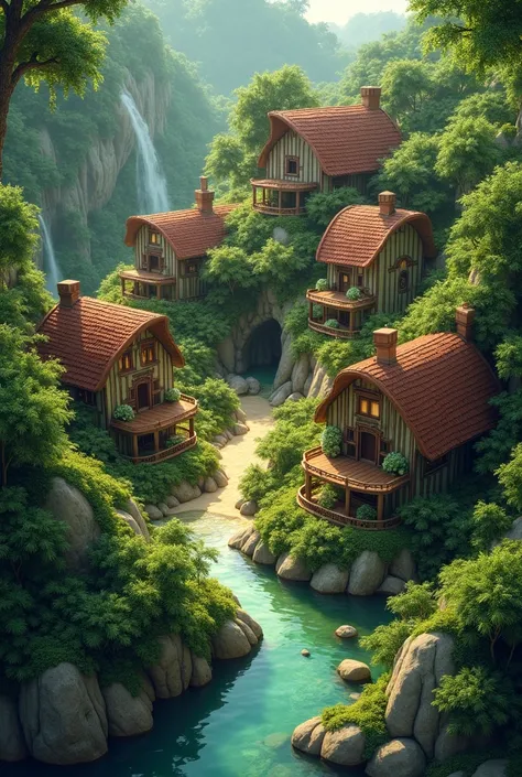 
 You said :
 Create an image of a map of a small jungle town with an organic shape. The houses must be curved and their roofs must be gable or curved 