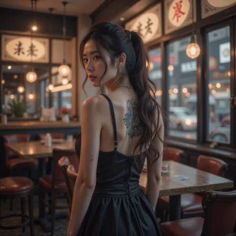 1 Girl,独自of,Long brown hair,  back tattoo , 粗糙of皮肤,[From the back,Face focus ,( View Audience:1.2),Wet hair,黑暗of,Polaroid,(depth_of_site:1.5), 昂贵of酒吧,眼睛之间of头发, Melancholy Lights, Tyndell effect, movie lighting ,night,Street Lights, Lens Flare ,Can use ligh...