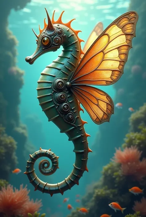 Create a seahorse with a butterfly and a car 