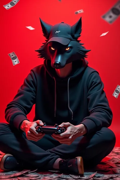 I want a video game black wolf the young man who is sitting that I have a flipped cap what is he has a video game controller in the hand lower than the control put my name is RDTaitel and I want him to put a red background with money on it