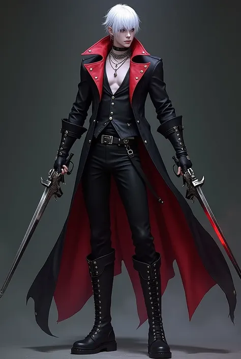 Gothic jacket with V-cut at the end in red color on the outside and the inside black
Black pants with a side bag with two straps 
Black high cut combat boots
dmc2 Dante gloves with metal knuckle protectors 
A chain like that of Kujo Jotaro from the shoulde...