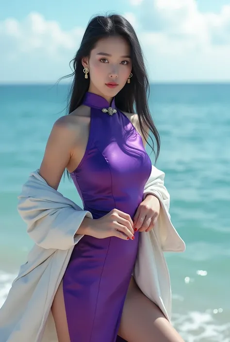 Wide angle, full body, super high resolution, hyper-realistic, realistic details, sharp, cute Korean girl, 25 years old, fair skin, long straight black hair, center part, exaggeratedly huge breasts, tall, model figure, wearing a purple satin sleeveless sku...