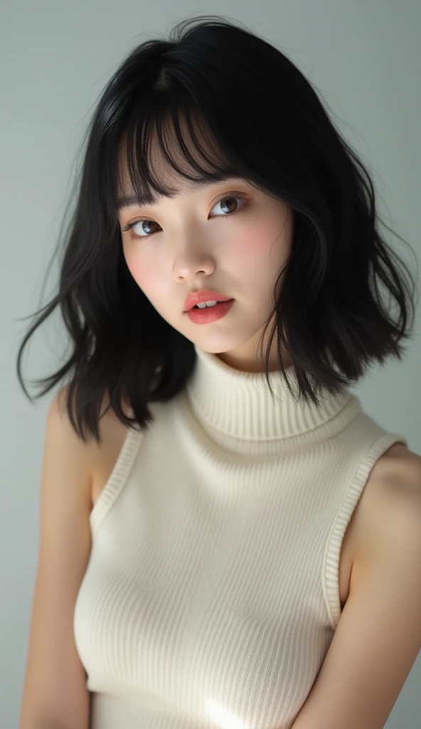 cute 20 year old female K-pop idol 、 Glossy Black Hair 、blunt bang、 Street Fashion、 off-white knitted turtleneck tank top、Ultra High Definition Portraits、 HIGH DEFINITION SKIN TEXTURE 、Natural angles 