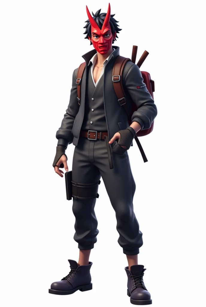 FORTNITE Male avatar in modern Japanese clothing with backpack and black hair in Fortnite style. fondo blanco,  High Definition ,  top quality , full body with red oni mask. FULL BODY FORTNITE
