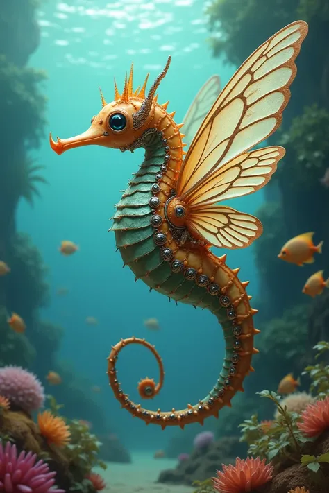 Create a seahorse with a butterfly and a car 