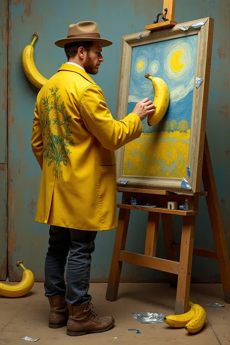 Van Gogh wearing a brown hat , aged black jeans , brown boots,  yellow coat with a print of the painting sunflowers on the back of the jacket ,  painting a banana on the frame supported by the easel ,   banana glued to the center of the frame with a silver...