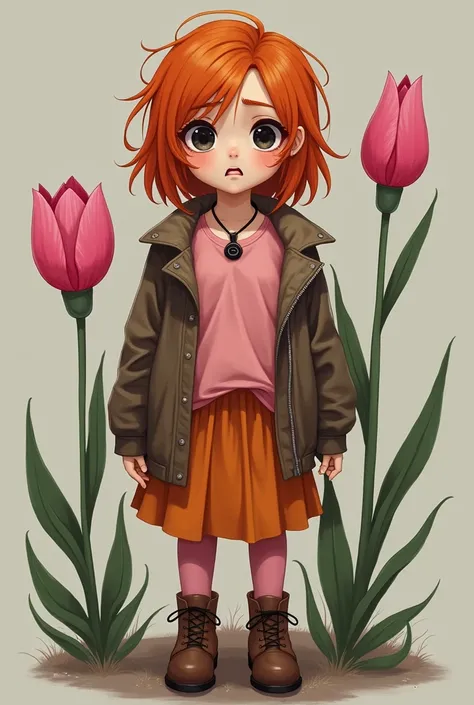  A 19-year-old girl with slightly disheveled but collected orange hair . A flower next door being pink
She has a scared look .  With dark circles
A black eye-shaped necklace
Black eyes too 
Are you wearing clothes
A pink shirt
Brown jacket
Orange skirt
Pin...