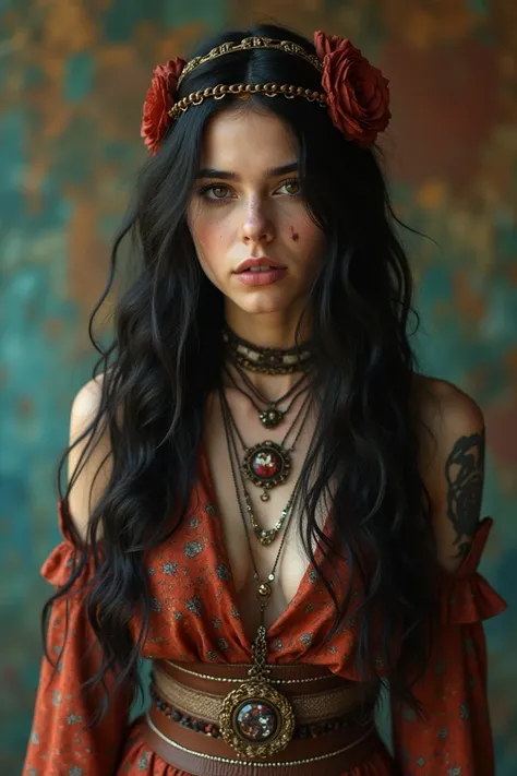 A young woman who has features that ressemble Billie Eilish, dressed as a gypsy