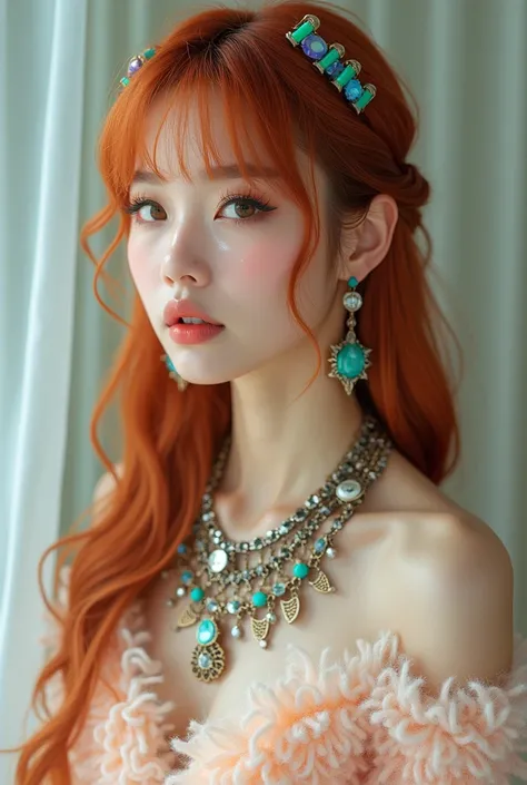 A stylish korean woman with long, dark orange 
hair adorned with colorful hair clips poses against a soft, blurred background. She wears unique earrings shaped like teeth and an elaborate necklace with various charms. Her outfit is a fluffy, textured top w...