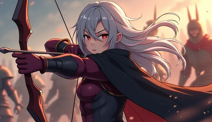 Gray hair,  long hair,  red eyes , ( archer with a dahedral bow in action in war hitting one of several warriors with the war going on and all in action), long black cape, Elvish ,  big breath, 3D anime-like cartoon taking up much of the action from the wa...