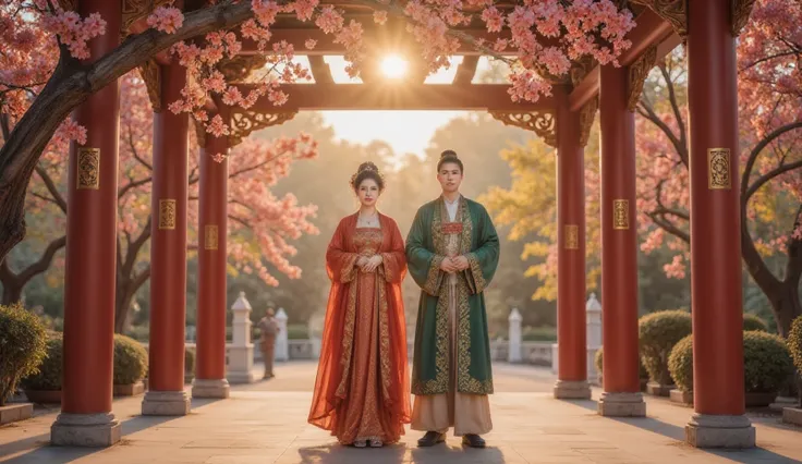 Tang Dynasty，Girls wear green Hanfu ， Boys wear red Hanfu，Golden autumn October， and bear fruit ，Pomegranate tree， and the two enter the wedding hall。 can use a festive red tone ， to show the excitement of the wedding and the happiness of the two。