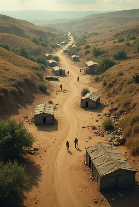 top view into a rural area in dire need of food and shelter with no people and packed shelters