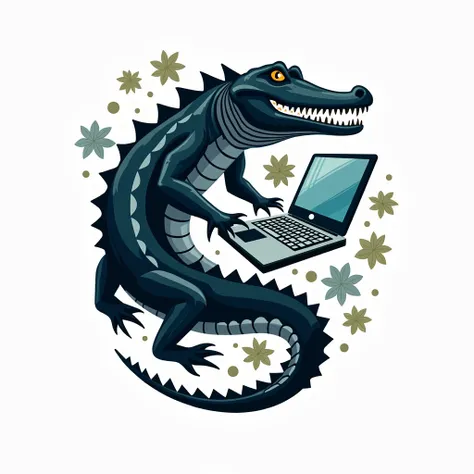 Create an intricate logo integrating a powerful crocodile and symbolic elements representative of a laptop and other electronics. The crocodile is styled in a modern, minimalist manner. It wraps around a laptop image, suggesting a symbiotic relationship be...