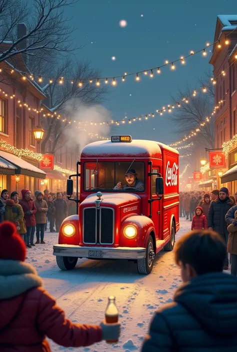 Coco cola truck coming to a town to give people Coco cola christmas night