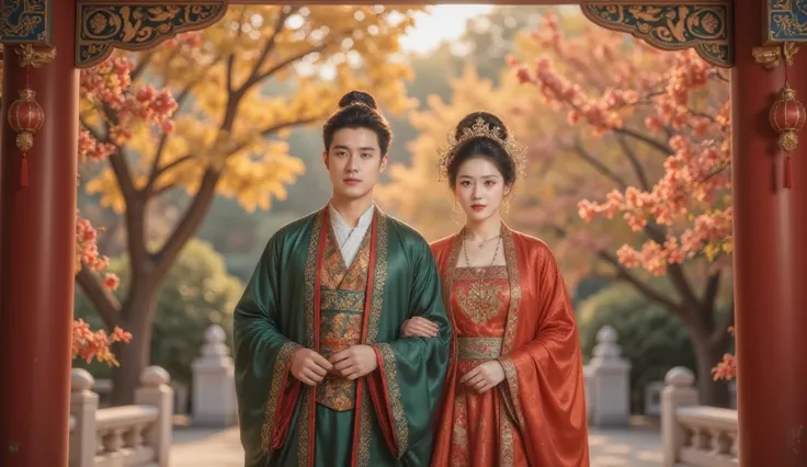 Tang Dynasty，Girls wear green Hanfu ， Boys wear red Hanfu，Golden autumn October， and bear fruit ，Pomegranate tree， and the two enter the wedding hall。 can use a festive red tone ， to show the excitement of the wedding and the happiness of the two。