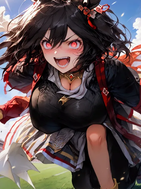 ((( Kitasan black )))、 black hair、 short hair、red and black horse girl skirt costume、(((Horse&#39;s ears)))、 horse tail、(((run)))、(((Sprinting)))、(((((Glare with sharp eyes)))))、((( teeth and laugh)))、(((Light)))、(((((anger)))))、(((Cutting through the wind...