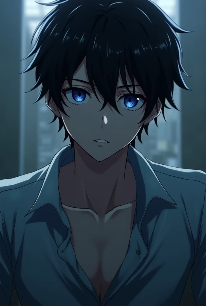 blue eyes, Bangs，Black Hair Boy ，Evil， Japanese Anime Style, Age approx. 32 years old，wear a shirt，seductive expression, Similar to Bereavement（Spell Return）