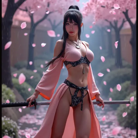 a cute sexy samurai (cute, age 25, battle hairstyle, sexy fighting robes legs exposed, katana) is in a fighting stance, she is practicing her weapon katas in a rain of cherry blossom petals, heavy rain of flower petals, many cherry blossom petals, show all...