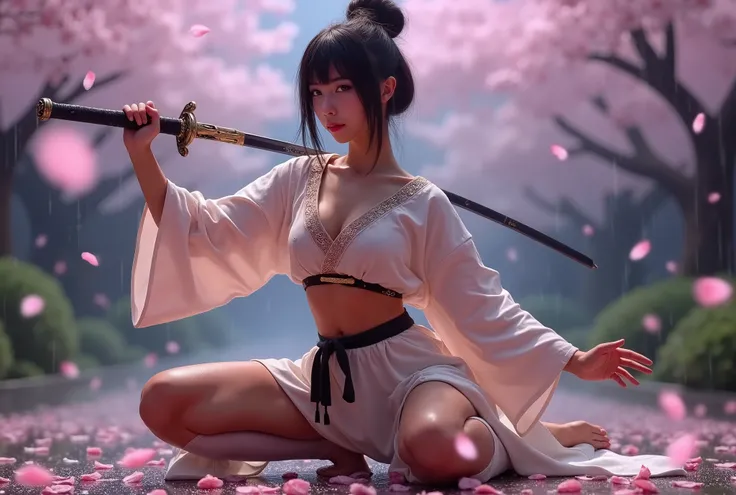 a cute sexy samurai (cute, age 25, battle hairstyle, sexy fighting robes legs exposed, katana) is in a fighting stance, she is practicing her weapon katas in a rain of cherry blossom petals, heavy rain of flower petals, many cherry blossom petals, show all...