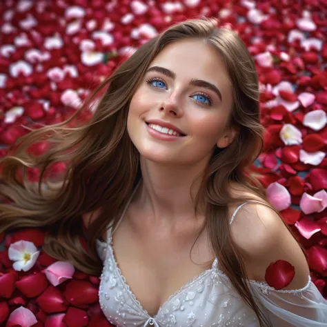 a girl with long brown hair, beautiful blue eyes, smiling and looking up as rose petals fall around her, detailed face and cleavage, (best quality,4k,8k,highres,masterpiece:1.2),ultra-detailed,(realistic,photorealistic,photo-realistic:1.37),portrait,elegan...