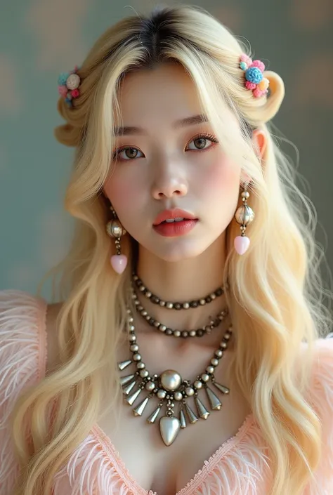 A stylish korean woman with long, blonde hair adorned with colorful hair clips poses against a soft, blurred background. She wears unique earrings shaped like teeth and an elaborate necklace with various charms. Her outfit is a fluffy, textured top with pa...