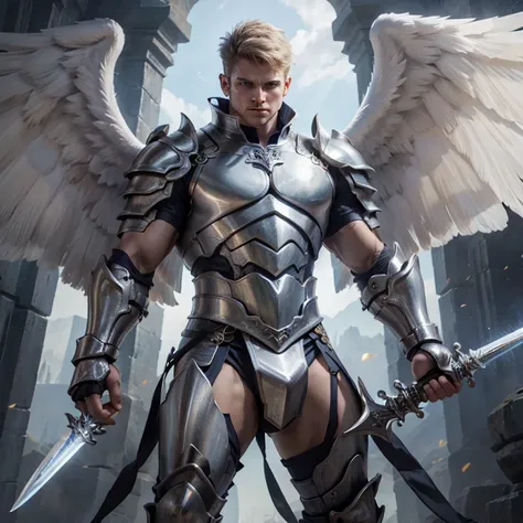 An angel, raising a hand to make light swords, big wings, masculine face, muscle body, white armour, strong look.