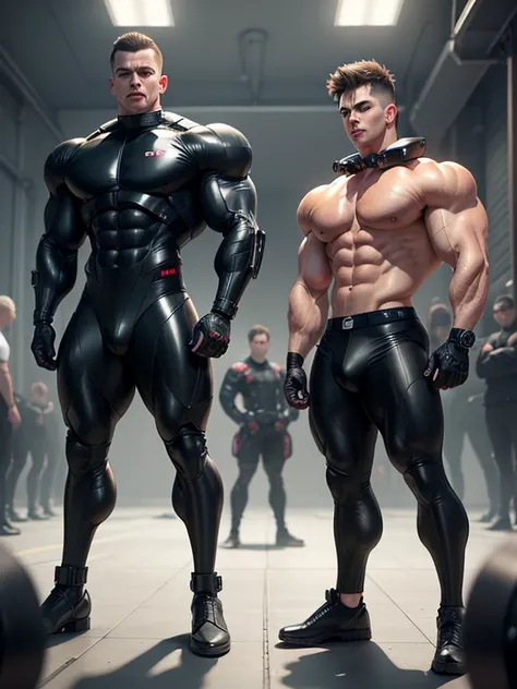 Teenage male hero in tight latex suit and collar and helmet，full bodyesbian，head to toe，Combat boots，mitts，Muscular body，Identical Young men standing in line，brainwashing a new recruit, abandoned industrial warehouse, hyper muscles,  hyper swollen crotch b...