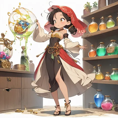 A Japanese anime-style character design, a tanned beauty with exotic alchemist attire: a fur wrap, silk chest band, and a red veil adorned with golden trinkets. She stands in an alchemy lab with shelves of strange potions. Small, playful fairies tug at her...