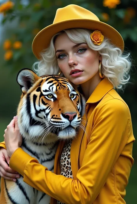 Lily-Rose style masterpiece Melody Depp young. Shot: Portrait. Scene: Young woman posing with a real tiger. Image: HD 4K realistic, ultra definition, 99.9% of the image. Image: Full body photo of woman. Scene: Woman, white hair, curls, puffy lips, full lip...