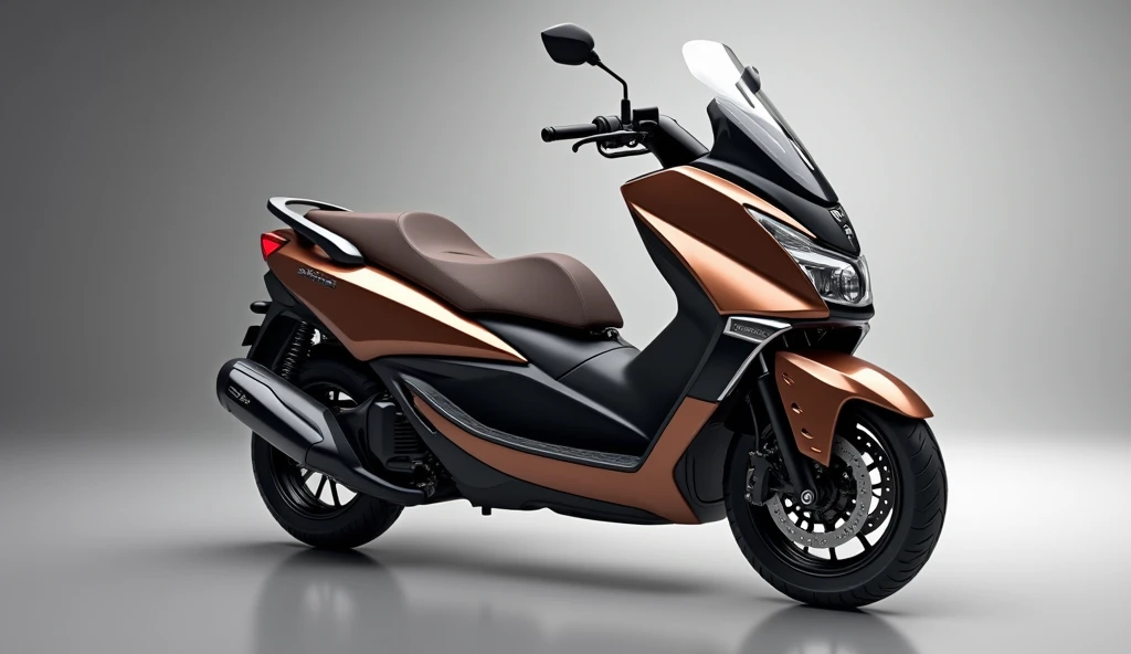 Generate a high-resolution, fully realistic image of a ( 2025 Suzuki burgman) in ( Color ) brown, with a sleek and modern exterior, futuristic wheels, and a shimmering body color, displayed in a luxurious showroom.The image should be highly detailed and re...