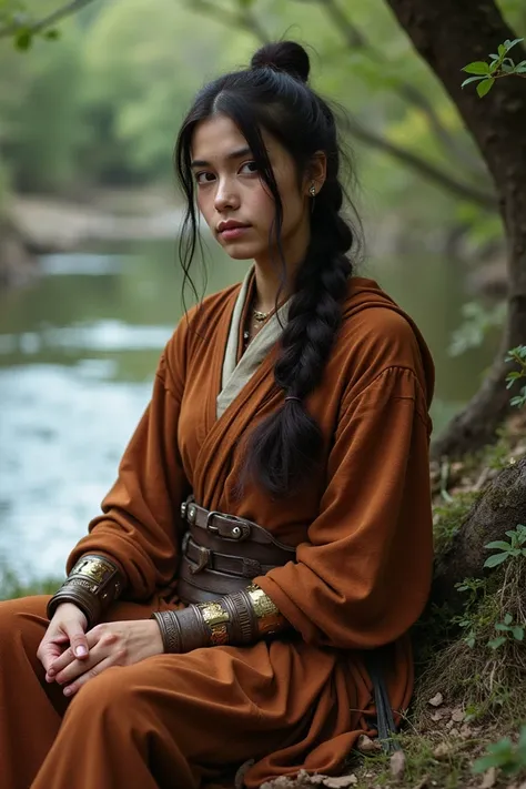 Isabela Merced resting near a river, dressed as a monk warrior  