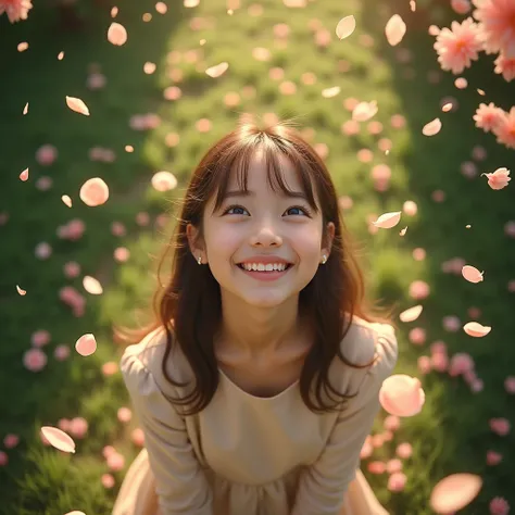 Realistic, theme is "rain of petals", petals fall like rain, girl smiles and looks up, cute expression, birds-eye view of girl, sophisticated design, advanced lighting technology, 8K quality live-action photo