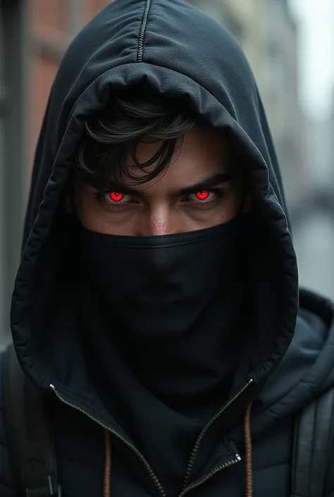 A young man in his 20s with red eyes, wearing a face mask and should look real, wearing hoodie and a smirk on his face