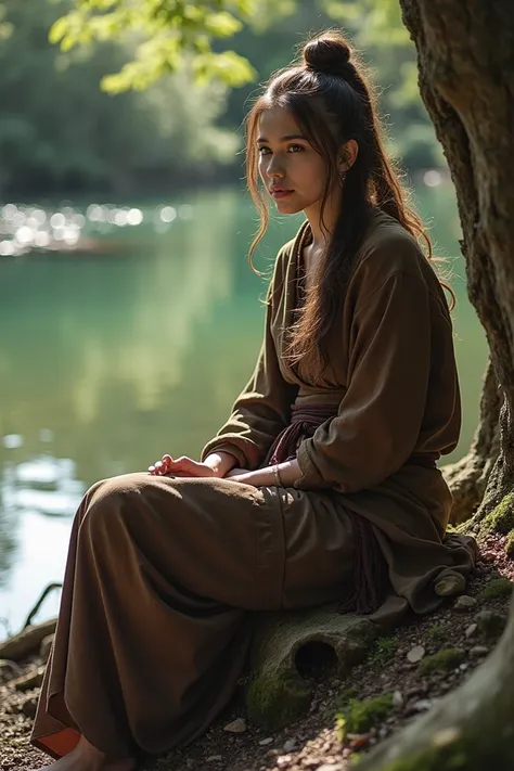 Isabela Merced resting near a river, dressed as a monk warrior  