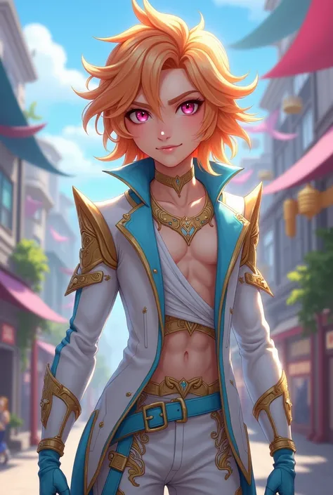 ((Best quality)) League of legends character from piltover. Male. 18 years old. Light orange hair. Long hair. Soft pink eyes. Slim body. Delicate facial features. White, gold and blue outfit 