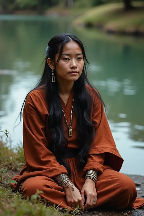 A young indigenous latin woman resting near a river, dressed as a monk warrior  