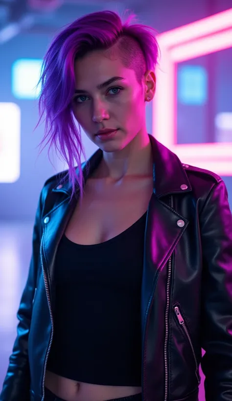 A futuristic cyberpunk-themed character, a confident woman with purple asymmetrical hair, partially shaved on one side, wearing a black leather jacket over a fitted tank top. She has a strong, determined expression, with neon lights and glitch effects in t...