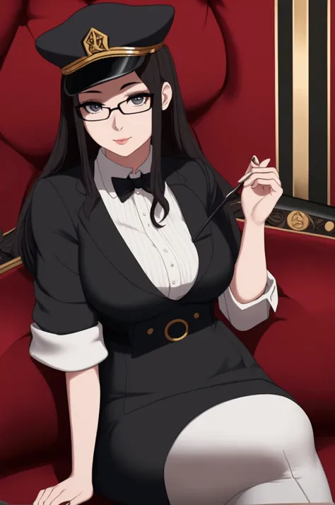 Young woman wearing glasses offering black caps and sitting 