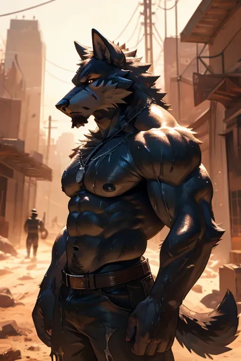 Masterpieces, furry, Male, Anthropomorphic, old black wolf, veiny, slender body type, plump six packs, Delicate eyes, white goatee, grizzled fur, glistening body, thug, tan skin, dirty, depth of field, bright lighting, (best quality),(masterpiece),(ultra d...