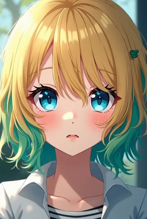 TEENAGER WITH BLOND EYELASHES ,  BLUE EYES AND BLOND GREEN HAIR. version anime