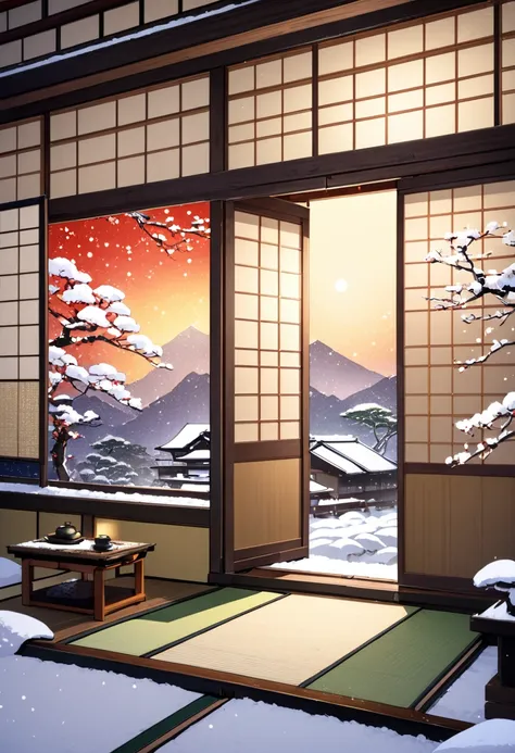 scenery, inside room, ryokan, tatami room, one light on the ceiling, fantastic night sky outside, snow outside, shoji, hanging scroll, gorgeously decorated in Japanese style, warm and a little bright colors, fantasy, from front