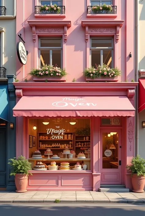  local pastry shop  (The facade) that looks realistic,  that have shades of pink , And you can see cakes and desserts ,  leaves space to place the logo "The Magic Oven"
