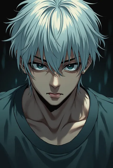  black eyes ，Bangs，White Hair Boy，Evil， Japanese Comic Style ,  Age approx. 28 years old ，wear a shirt，Similar to Bereavement（Spell Return），Overlooking action 