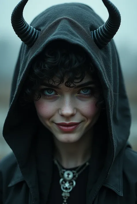  short hair,  black hair,  curly hair ,  closed mouth , Serious,  Satisfied smile ,  open eyes , humo, wicked, jewelry, Horns, Horns de demonio, Hood up, blurred, apocalypse, 