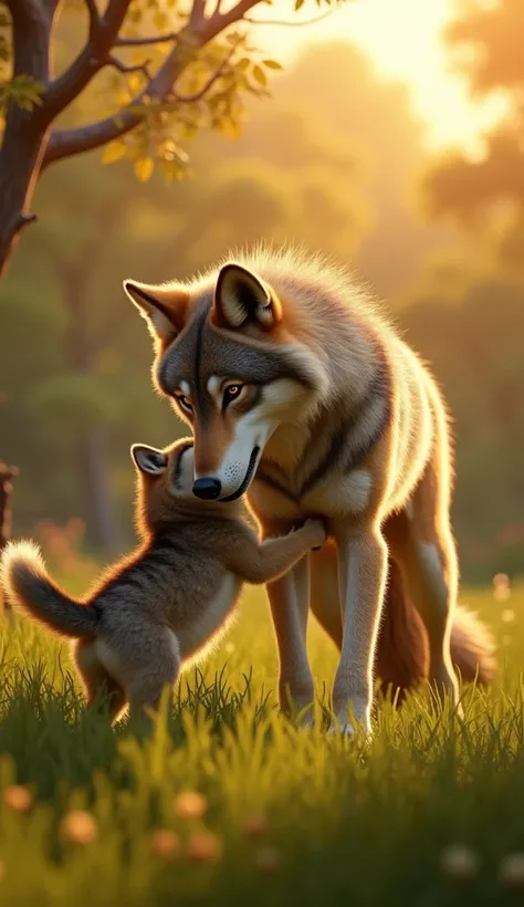 "A wolf mother and her pup playing amidst a grassy clearing, surrounded by dense savannah bushes under the golden rays of the setting sun, in 8K hyperrealistic detail."












