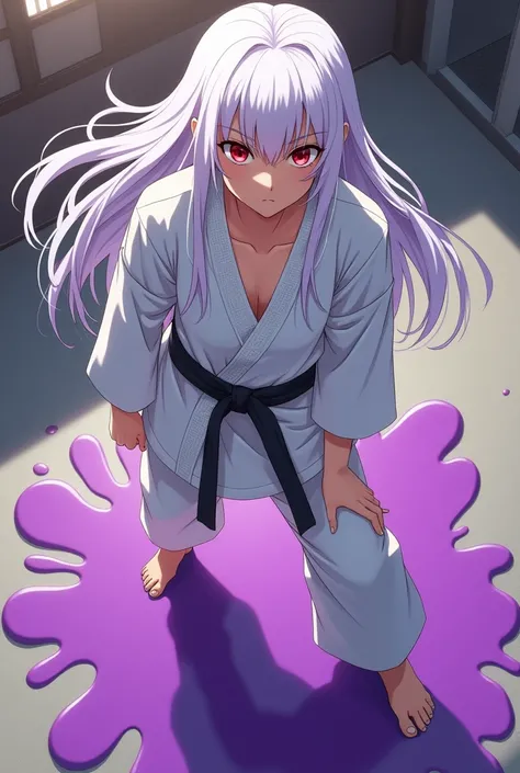 anime young adult girl with long white hair, red eyes, karate gi, bare feet, standing on a gooey purple puddle on the floor, grabbing her right tight