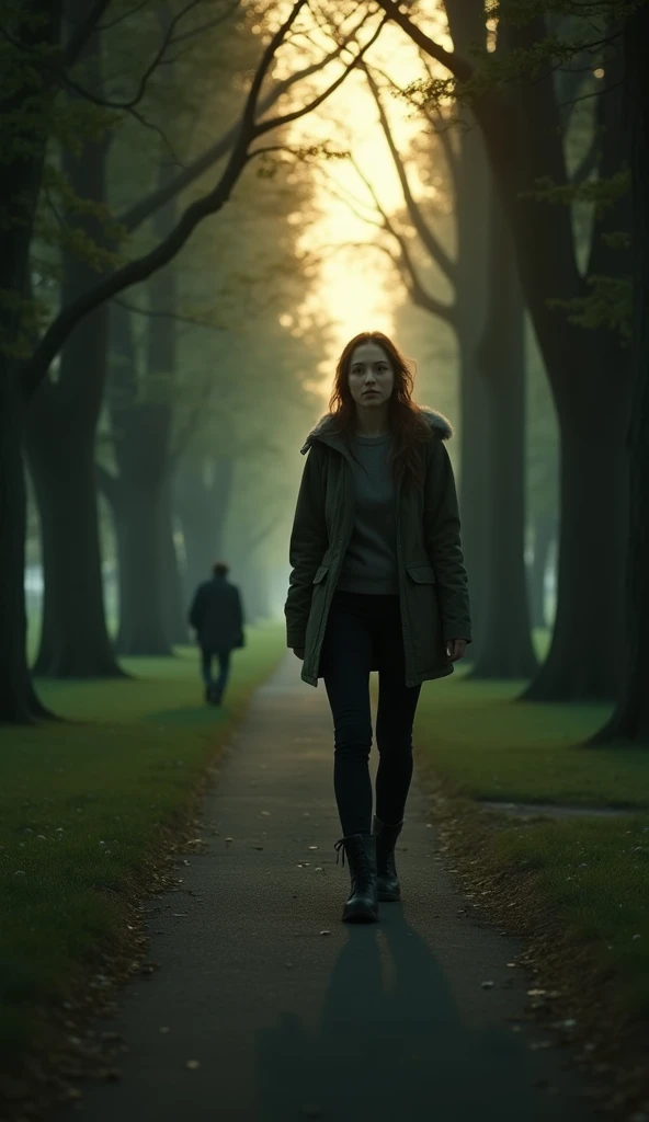 A person walking alone in a quiet park during the evening, with tall trees casting long shadows. The person suddenly pauses and turns their head slightly, as if sensing someone watching them. Their expression shows mild unease and curiosity. The background...